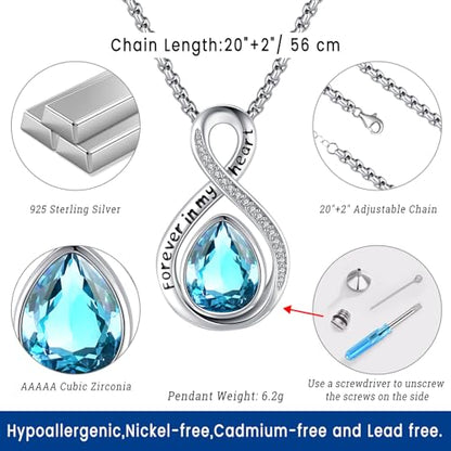 Eusense Cremation Jewelry for Ashes Urn Necklace to Put Ashes In 925 Sterling Silver Memorial Pendant Tree of Life Infinity Urn Necklaces for Ashes Necklace for Women Men - style: F-Infinity Urn-03-Mar.-Aquamarine