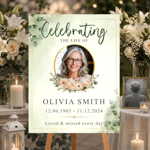 Celebration of Life Welcome Sign with Photo, Personalized Memorial Poster, Sage Green Floral Celebration Sign, Funeral Welcome Sign With Photo - color: Style#5
