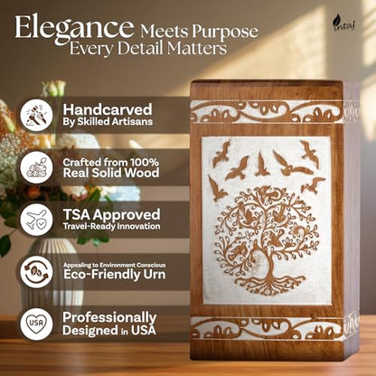 Tree of Life Wooden Keepsake Urn for Human Ashes, 20 cu in, White - color: Antique White Tree and Birds, size: Keepsake (20 lbs)