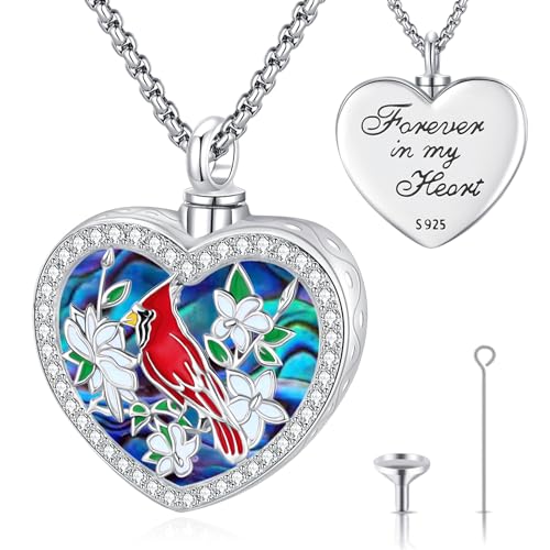 Eusense Cremation Jewelry for Ashes Urn Necklace to Put Ashes In 925 Sterling Silver Memorial Pendant Heart Urn Necklaces for Ashes Necklace for Women Men - style: G-Red Cardinal Urn Necklace-Abalone Shell