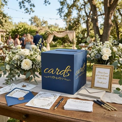 Navy Blue and Gold Card Box for Party Graduation Baby Bridal Shower Birthday Funeral 7.8 x 7.8 x 7.8 In Gift Card Holder Wedding Card Boxes for Reception Raffle Voting Ballot Box with Slot - color: BlueGoldF