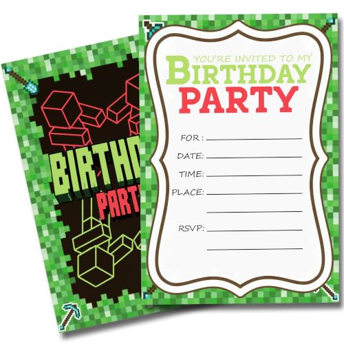 Pixel Birthday Invitations for Boys Video Gaming Invites with Envelopes 20 - color: Green Gaming Pixel