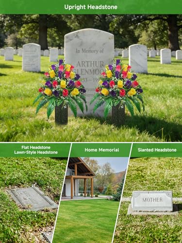Mirevielyn 24-Stem Artificial Rose Cemetery Flowers with Spiked Vases - color: Red, Yellow & Purple