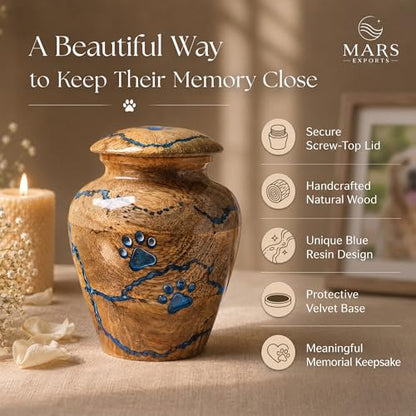 Wooden Pet Small Keepsake Cremation Urn for Ashes, Handcrafted Wooden Keepsake Urn with Blue Resin Design, | Memorial Jar for Human or Pet Ashes - size: Small