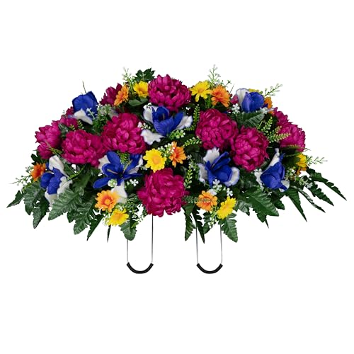 Sympathy Silks - Artificial Flowers for Cemeteries - Fuchsia Mums with Blue Iris - (1) Headstone Saddle - size: Saddle