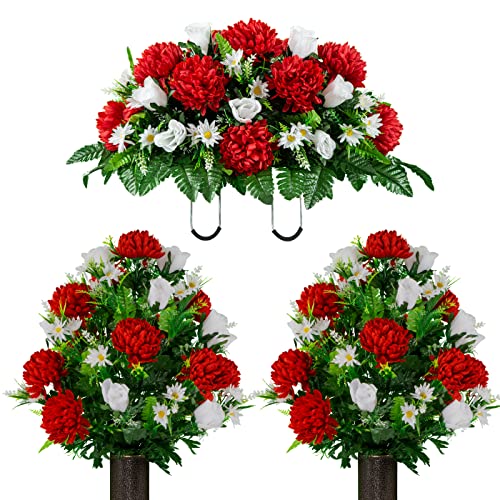 Artificial Cemetery Flowers – Realistic Vibrant Roses, Outdoor Grave Decorations - Non-Bleed Colors, and Easy Fit - 2 Red Mum and White Rose Bouquets & 1 Saddle - color: Red, size: 2 Bouquets and 1 Saddle