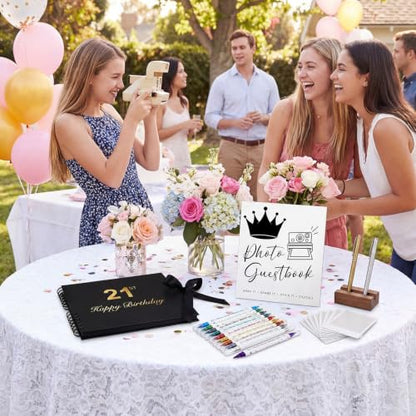AmazingSpark Birthday Guest Book Set Memory Photo Guest Book Black Gold Decoration Birthday Gift for Men Women Wood Signature Photoprop Party Supply Sign Picture Album for Party Event (21 st) - size: 21 st