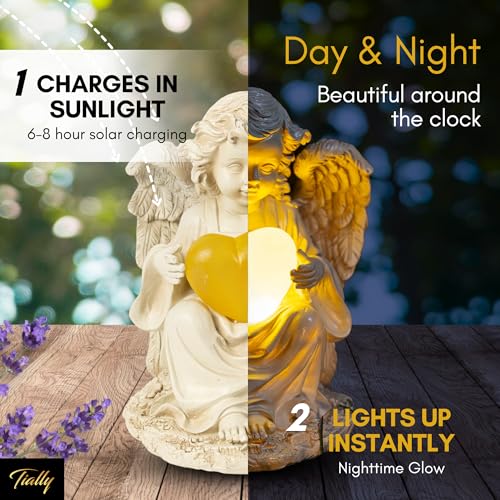 TIALLY Solar Angel Garden Statue with Heart, 12" Memorial Light Up Angel | Glowing Lighted Heart Bright Every Night, Weatherproof Resin Built to Last - a Sympathy Garden Gift for Women, Mom and Dad - size: Large