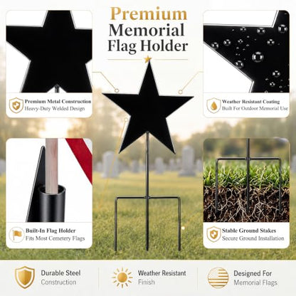 16 Inch Star American Veteran Grave Marker, American Flag Holder | Memorial Stake for Veterans Military, Outdoor Graveside Display, Honoring Loved Ones at Burial Sites, Durable Metal - style: Star