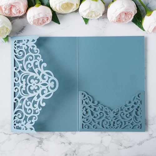 ponatia 20PCS Dusty Blue Laser Cut Wedding Invitations Pockets, Tri-fold 5x7 Laser Cut Invitation Pockets for Wedding Bridal Shower Quinceanera 15 Anos Invite (No Envelopes & Inner Sheets) - color: Dusty Blue