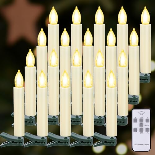 LED Christmas Candles, Flickering Clip on Candles for Christmas Tree, Battery Operated with Remote Timer, Warm White Light, Flameless Taper Candle for Home Christmas Decor, Set of 20 - size: 20 Pcs