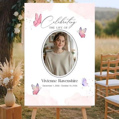 Personalized Celebration of Life Welcome Sign with Photo, Obituary Welcome Sign with Name and Date, Celebrating a Beautiful Life Butterfly Flower Tribute, Butterfly Flower Remembrance Decor, Custom Funeral Welcome Sign (Edition 4) - color: Edition 4