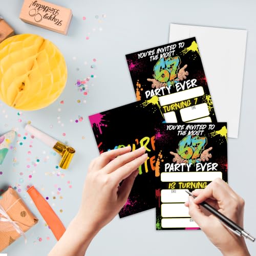 Gamer 7th Birthday Invitation Cards with Envelopes, 20 Pack 4x6 Fill-In Party Invites for Boys Girls, Neon Kids Birthday Party Supplies - B06 - color: 6 7 Gamer