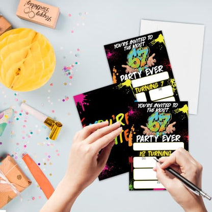 Gamer 7th Birthday Invitation Cards with Envelopes, 20 Pack 4x6 Fill-In Party Invites for Boys Girls, Neon Kids Birthday Party Supplies - B06 - color: 6 7 Gamer