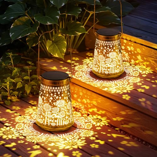 2 Pack Solar Lanterns Outdoor Waterproof, Birthday Gifts for Women Mom | Hollow-Out Metal Sunflower Lantern, 2 Lighting Modes, Outside Hanging Solar Lights for Christmas Decorations, Garden Decor - color: Sunflower, size: 2 Pack