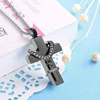 Black Cross Urn Necklaces for Ashes Cremation Crucifix Keepsake Memorial Pendant Necklace - style: Daughter