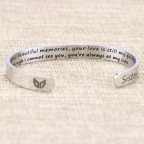 Memorial Gifts for Loss of Mom Dad In Memory of Jewelry Sympathy Bracelet | Bereavement Cuff Secret Message Engraved Grief Gifts for Women - style: Sister Memorial Gift- You left me beautiful memories