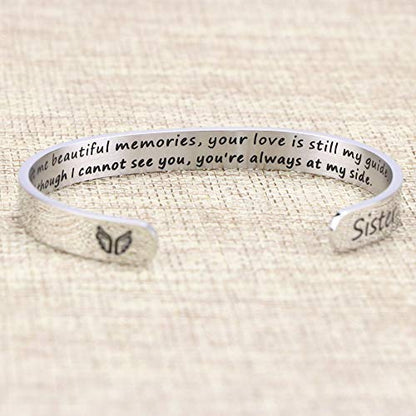 Memorial Gifts for Loss of Mom Dad In Memory of Jewelry Sympathy Bracelet | Bereavement Cuff Secret Message Engraved Grief Gifts for Women - style: Sister Memorial Gift- You left me beautiful memories