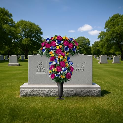 Sympathy Silks - Artificial Flowers for Cemeteries - Fuchsia Mums with Blue Iris - (1) Headstone Saddle (1) Bouquet (1) Vase - size: (1) Saddle (1) Bouquet (1) Vase