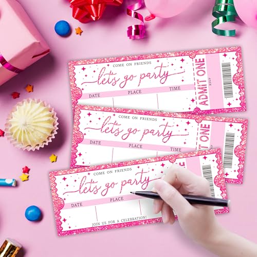 Pink Glitter Birthday Invitations Set of 20 - "Let's Go Party" VIP Ticket Design with Envelopes, 3×8 Inch Cards for Girls -Birthday Party Favor & Supplies (3 X 8 In) -A12 - color: Pink Glitter