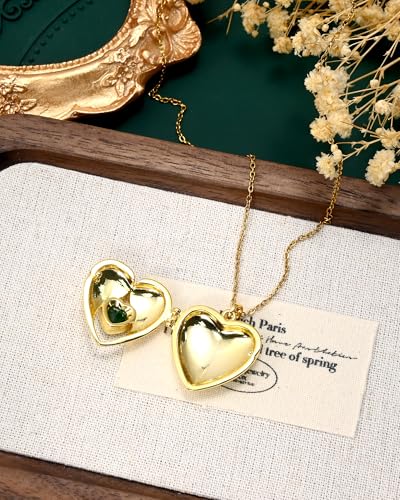 14K Gold Plated Heart Locket Memorial Adjustable Necklace Chain Pendant Emerald Cubic Zirconia Thin Necklace for Women