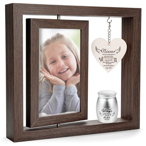 Rotating Wooden Memorial Picture Frame with Urn, 4x6 Photos, Niece | Real glass cover, Double-sided display, Heart tag engraving, Secure sealed keepsake, Holds ashes hair or petals, Rustic style - color: Niece