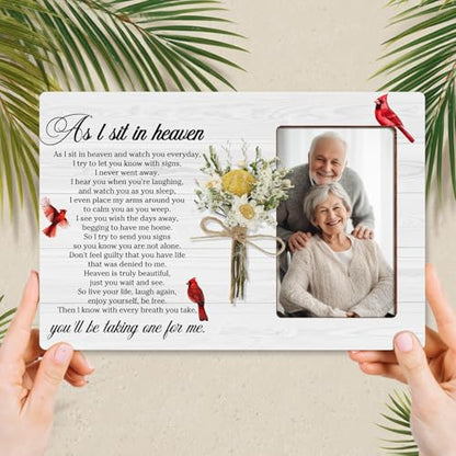 Memorial Bereavement Floral Wooden Picture Frame Gifts for Loss of Loved One, As I Sit In Heaven Cardinal Gifts, Fits 4x6 Photo Frame - color: White-heaven