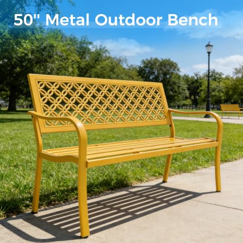 Grand patio 50" Outdoor Bench, Garden Bench with Armrests, Yellow | Anti-Rust Metal Powder Coated Frame, Patio Bench for Front Porch Park Outside Furniture - color: Sunflower Yellow