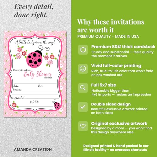 Amanda Creation Ladybug Baby Shower Invitations, 20 Fill-In 5x7 Love Bug Baby Shower Invitation Double-Sided Pink Ladybug Theme Invite Cards with White Envelopes - style: Pink Ladybug