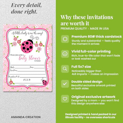 Amanda Creation Ladybug Baby Shower Invitations, 20 Fill-In 5x7 Love Bug Baby Shower Invitation Double-Sided Pink Ladybug Theme Invite Cards with White Envelopes - style: Pink Ladybug