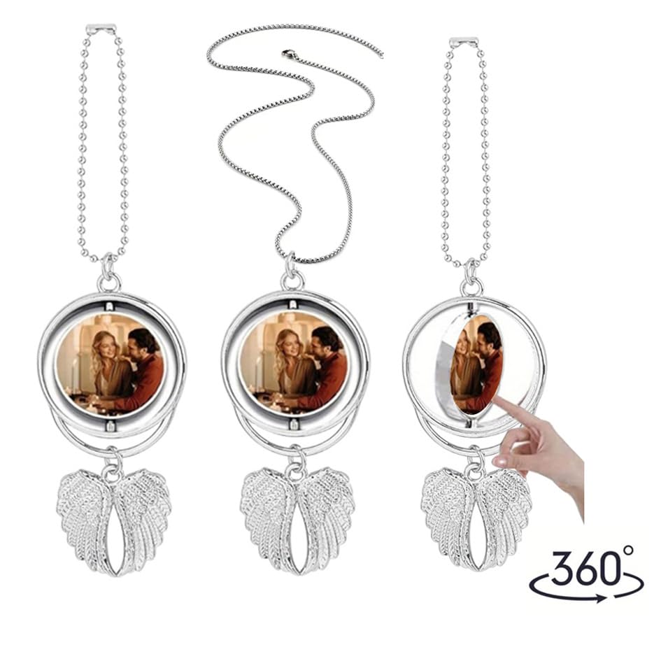 8 Set Silver Angel Wing Sublimation Blank Car Hanging Ornament Charms Heat Transfer Blank Photo Frame Pendants Customize Keychain for Automobile Rearview Mirror Home Window (Rotating-Small) - size: Small