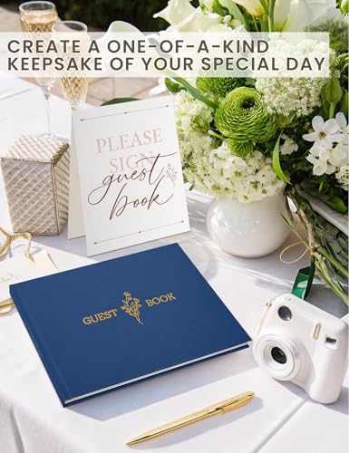 Wedding Guest Book, Polaroid Photo Guestbook for Baby Shower, 9x7.5" | Table Sign Included, Gold Stamping, Twill-Textured Hardcover, Perfect For Bridal Party & Baby Shower, Navy - color: Flower-navy