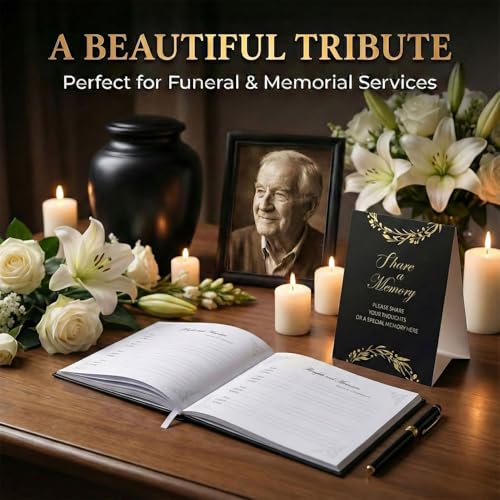 ArtSocket Funeral Guest Book for Memorial Black Leather with Gold Foil | for Funerals Elegant Celebration of Life and Loving Memorial Complete with Pen and Table Sign