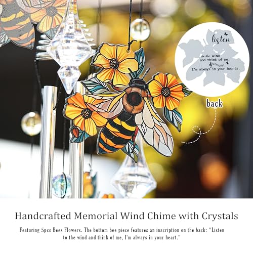 YU FENG Bee Wind Chime with Crystal Suncatcher, Memorial Outdoor Decor - style: Wildflower – Bee – 27 Inch