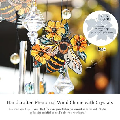 YU FENG Bee Wind Chime with Crystal Suncatcher, Memorial Outdoor Decor - style: Wildflower – Bee – 27 Inch