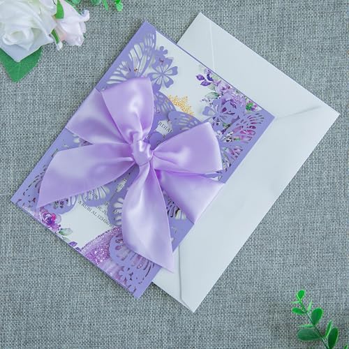 20 PCS 5.12x7.2 Butterfly Personalized Quinceanera Invitation, Customized XV Anos Laser Cut Invitation Cards with Envelopes (Violet Personalized) - color: 20 PCS Violet Personalized