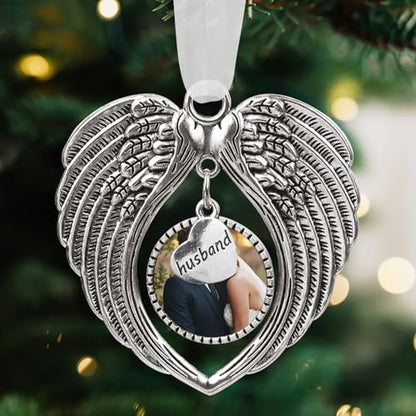 Christmas Ornaments Angel Wings with Custom Photo Frame for Loss of Loved One Remembrance Keepsake with Silk Ribbon & Red Gift Box - color: Husband