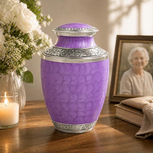 CLEENTABLE Purple Silver Cremation Urn, Engraved Metal