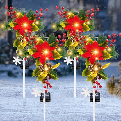 Solar Christmas Decorations Outdoor, 4 Pack 32 Inch Solar Christmas Cross Stake Lights, Waterproof Grave Decorations with Poinsettia Flower Pinecones Red Berries for Garden Yard Patio Lawn Cemetery - style: 4 Pack Poinsettia Cross