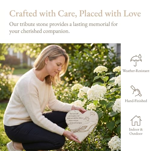 jinhuoba Dog Pet Memorial Stones, Heart-Shaped Loss of Pet Dog Grave Stone Headstones Memorial Gifts Remembrance Gifts with Sympathy Poem and Paw in Hand Design, Resin, White, 9.7" X 9.3"