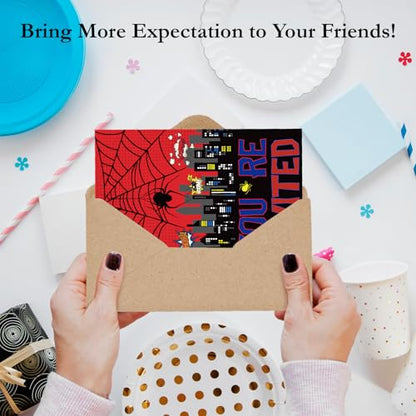 Superhero Birthday Invitations for Boys Spider Party Invites with Envelopes - color: Red Superhero