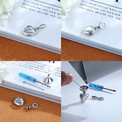 Sterling Silver Cremation Urn Bead Charm for Ashes - S925 Holds Ash Keepsake Pendant Family Tree of Life Memorial Jewelry Gifts for Women Loss Loved One - color: Heart Wing