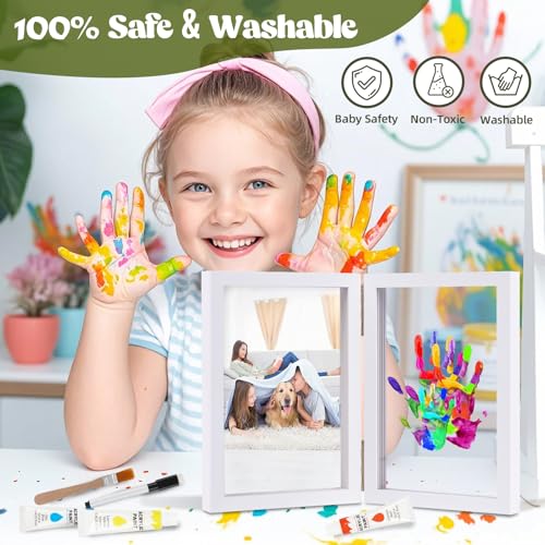 Family Handprint Kit, DIY Baby Hand and Footprint Handmade Keepsake Wooden Frame, Family Gifts with 5 Non-Toxic Baby-Safe Paint, Ideas Gift for New Parents, Grandparents, Father's Day, Mother's Day - color: White, size: 4 Pages Acrylic Boards