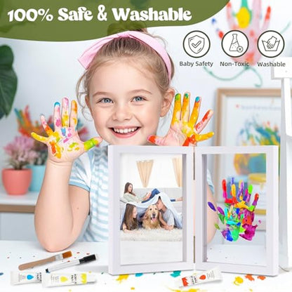Family Handprint Kit, DIY Baby Hand and Footprint Handmade Keepsake Wooden Frame, Family Gifts with 5 Non-Toxic Baby-Safe Paint, Ideas Gift for New Parents, Grandparents, Father's Day, Mother's Day - color: White, size: 4 Pages Acrylic Boards
