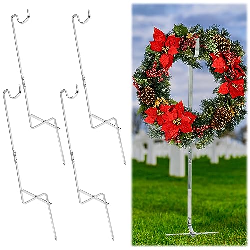 Blulu 4 Pcs Wreath Stands for Cemetery Grave Wreath Holder Stand in Ground Cemetery Flower Holder Headstone Flower Hook Gravestone Hanger for Spring Memorial Day Funeral Christmas Tombstone Decoration