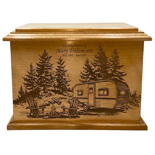 Wooden Urn for Human Ashes, Large Funeral Cremation Urn with Personlaization and Multiple Designs (Camp Trailer)