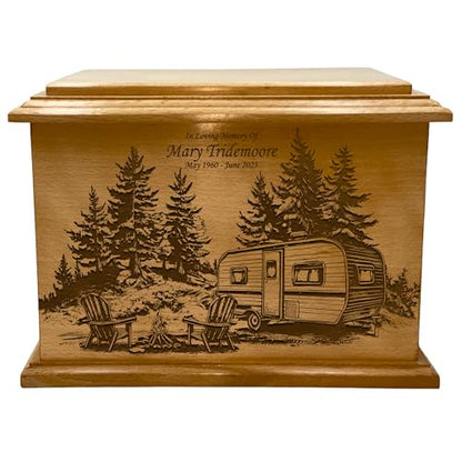 Wooden Urn for Human Ashes, Large Funeral Cremation Urn with Personlaization and Multiple Designs (Camp Trailer)