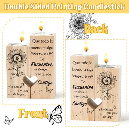 Zainpe Spanish Inspirational Candle Holders for Mum Women Grandma Daughter Friend Sister Bestie, Wooden Heart Double Sided Printing Candlestick Birthday Friendship Gifts - color: Inspirational