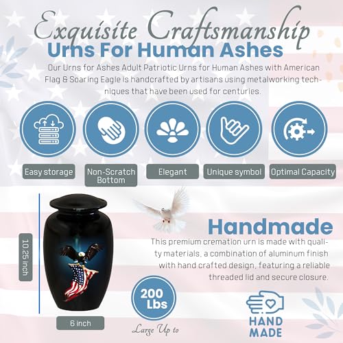American Flag Eagle Cremation Urns for Human Ashes Adult Male & Female, Patriotic Urns for Funeral Burial Urns Adult Large Upto 200lbs | 200 Cu In (Up to 200 lbs), Hand-Finished Aluminum, Secure Threaded Lid, For Veterans and Service Members - color: Amer