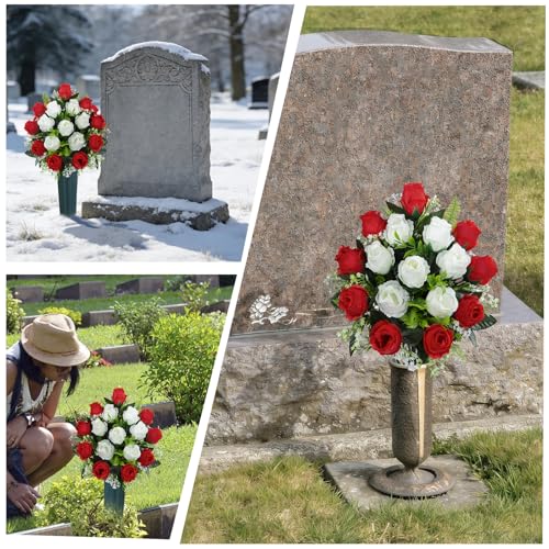 Artificial Cemetery Flowers with Vase, Artificial Headstone Memorial Flowers Rose Bouquet for Graveyard Grave Cemetery Decoration, Set of 2 (Red&White)